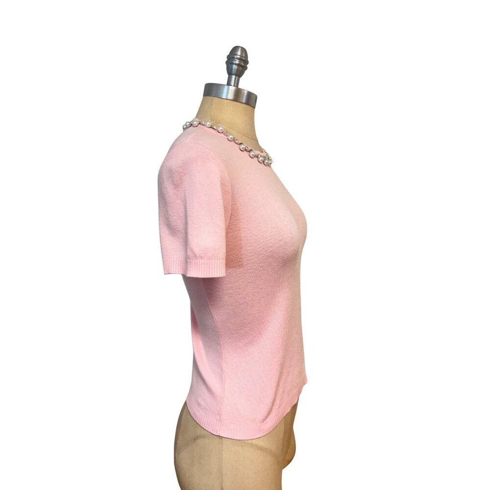 Flora Bea Pink Short-Sleeve Sweater With Pearl & Rhinestone Neckline Small - Picture 2 of 5